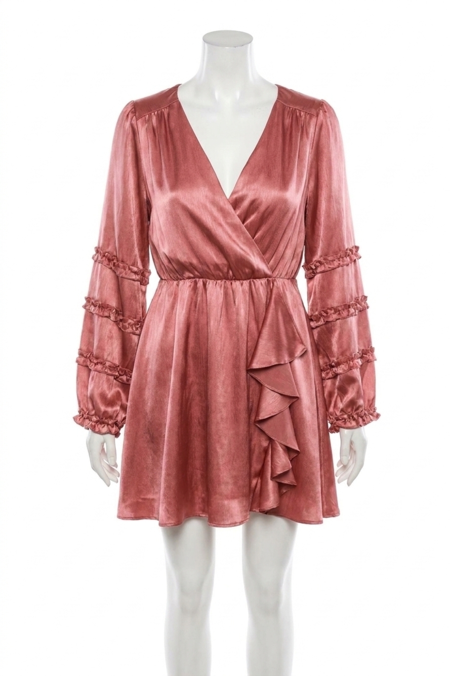 NEW PEACH LOVE luxe wrap bell sleeve ruffle deatil mini dress in marsala, rose
